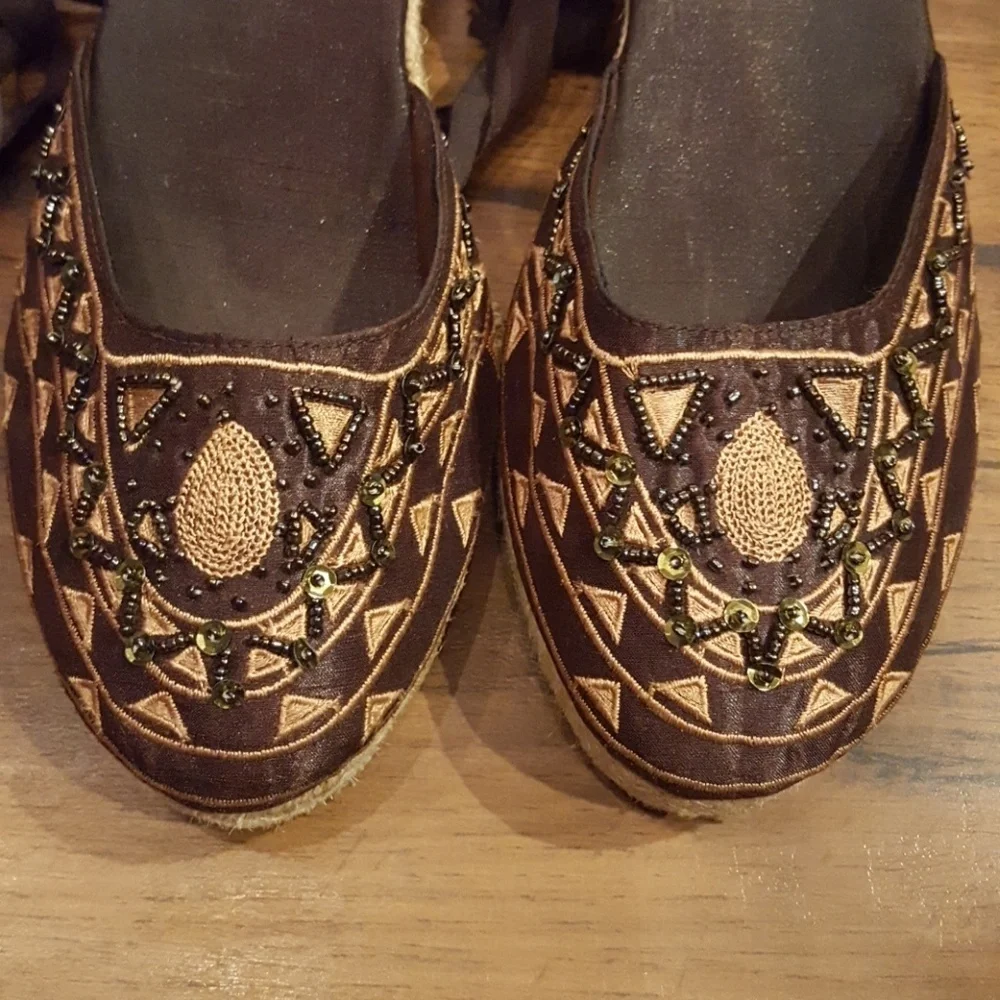 Y2K Beartraps Brown Beaded Satin Ankle‎ Straps Macrame Wedges